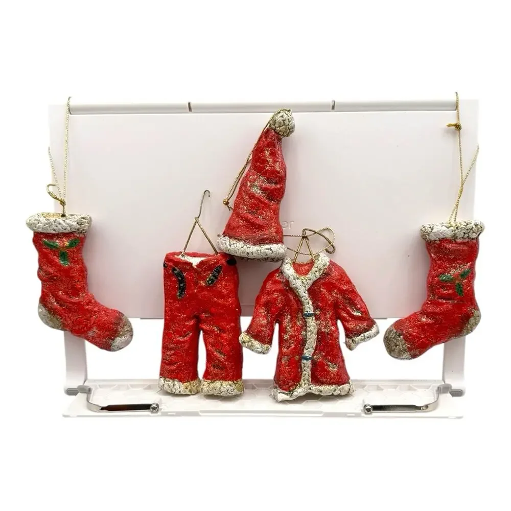 Set of 5 Santa Clothes Christmas Ornaments Red White Resin‎ Light Glitter EUC